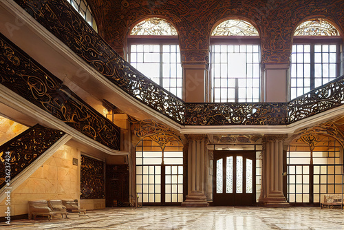 beautiful renaissance palace interior  stained glass  marble floor  luxury interior  architectural background
