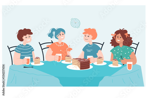 Cartoon children eating cake at table together. Birthday party with friends at home or restaurant, kids having sweet lunch in dining room flat vector illustration. Food, birthday concept for banner