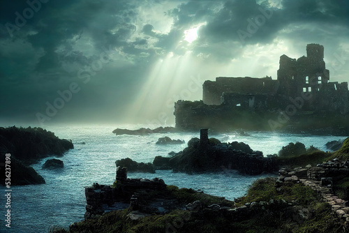 Castle ruins on the cliff, stormy ocean coast, sun beams from the couds, CG illustration