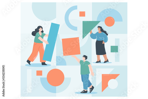 Team of tiny people organizing abstract geometric shapes. Teamwork of persons collecting square, triangle, rectangle figures from chaos flat vector illustration. Management, partnership concept