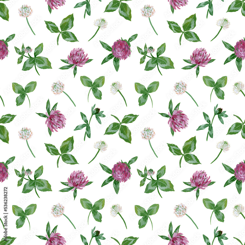 seamless gouache pattern with clover flowers and leaves on a white background. seamless gouache pattern with clover flowers and leaves on a white background.