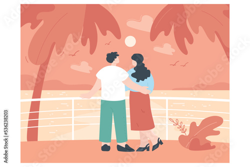 Couple of tourists watching sunset on tropical beach. Summer landscape with palm trees, standing cute man and woman back view flat vector illustration. Happy cuddle, love, island vacation concept