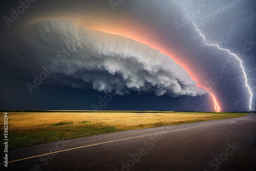 Supercell thunderstorm, big dark clouds, beautiful landscape background, digital illustration photo