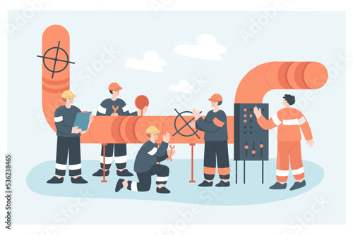 Control, inspection of oil and gas pipeline by team of workers. People working in maintenance service of pipes for leaks flat vector illustration. Petrol production, petrochemical industry concept