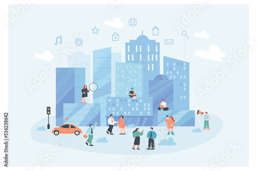 Modern city with buildings and tiny people using internet. Urban metropolis skyline with computer infrastructure, communication and persons flat vector illustration. Smart future technology concept