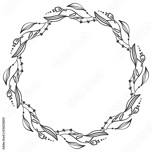 Decorative fantasy wreath - vector frame. Black lines on white. For wedding greeting cards, coaster designs.