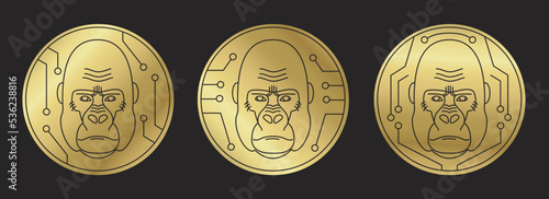 Monkey coin. Mining, alternative currency, Nft. Three variants of the gorilla head logo. Monkey face icon. The head of a primate with a serious expression. Outline, flat, gold. Vector illustration.
