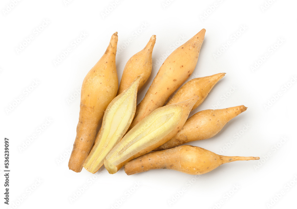 Flat lay of Finger root with slices isolated on white background. Clipping path. Flat lay of Finger root with slices isolated on white background. Clipping path.