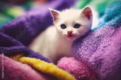 Adorable cute white fluffy baby kitten peeking from colorful blankets, digital illustration