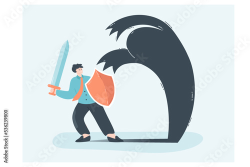 Scary shadow threatening brave businessman. Man with sword and shield fighting against negative feelings, phobia or anxiety flat vector illustration. Fear, inner conflict concept for banner