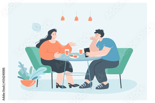 Girl talking to distant partner looking at smartphone. Cartoon couple at table, lover showing indifference by ignoring woman flat vector illustration. Relationship, unhappy family concept for banner