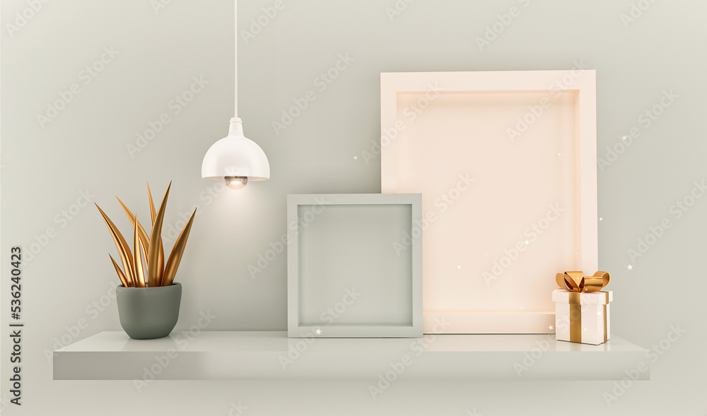 Shelf hanging on wall with frame, ceiling lamp, gift boxes for mockup, template. Empty bookshelf on blue pastel background or texture in bookstore. 3d rendering. Shelf hanging on wall with frame, ceiling lamp, gift boxes for mockup, template. Empty bookshelf on blue pastel background or texture in bookstore. 3d rendering.