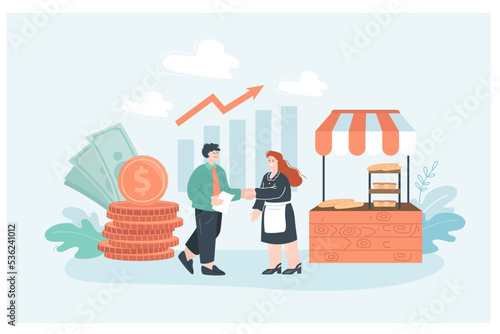 Bakery owner getting financial help from money lender. Small business entrepreneur planning budget flat vector illustration. Loan, finances, banking concept for banner, website design or landing page
