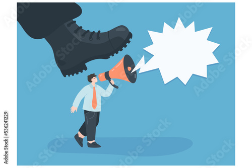 Giant shoe of soldier stepping on business person with megaphone. Big military boot crushing freedom of speech of man flat vector illustration. Censorship, authority concept for banner, website design