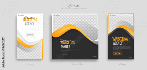 Set creative business idea social media post and story template with yellow white and black color background