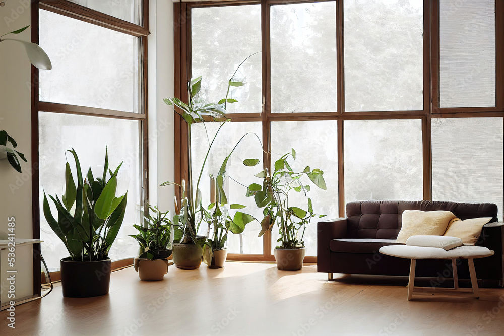 Modern living room interior with many indoor plants and big windows, architectural background, 3d render, 3d illustration Modern living room interior with many indoor plants and big windows, architectural background, 3d render, 3d illustration