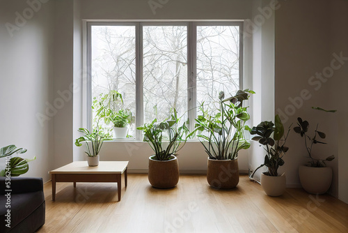Modern living room interior with many indoor plants and big windows, architectural background, 3d render, 3d illustration