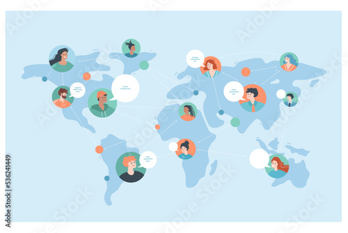 World map with people of diverse cultures talking over network. Friends from different countries using social media flat vector illustration. Global communication concept for banner or website design