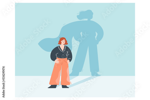 Brave business woman casting shadow with superhero cape. Super strong leader, successful female leadership flat vector illustration. Feminism, girl power, success concept for banner or landing page