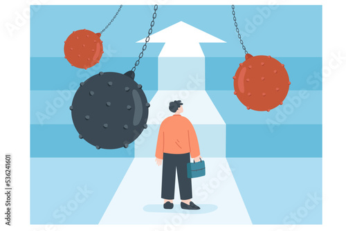 Businessman coming across obstacles flat vector illustration. Fearless employee overcoming barriers on his way to success..Business challenge, competition, ambition concept