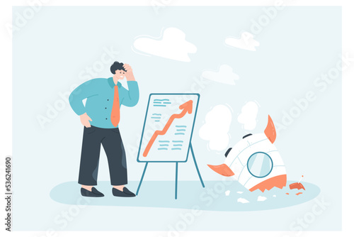 Bankrupt businessman and startup failure flat vector illustration. Failed entrepreneur with bad strategy and rocket debris. Bankruptcy and unsuccessful business ideas concept