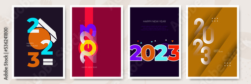 Big Set of 2023 Happy New Year logo text design. 2023 number design template. Collection of 2023 Happy New Year symbols. Vector illustration with colorful background.
