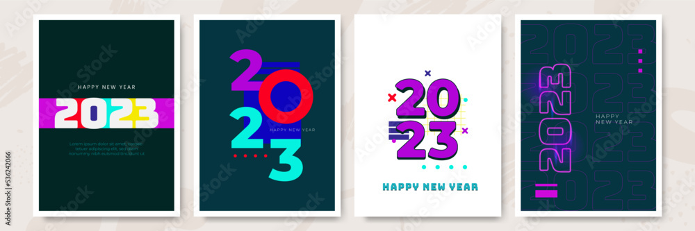 Creative concept of 2023 Happy New Year posters set. Design templates with typography logo 2023 for celebration and season decoration. Minimalistic trendy backgrounds for branding, banner, cover, card Creative concept of 2023 Happy New Year posters set. Design templates with typography logo 2023 for celebration and season decoration. Minimalistic trendy backgrounds for branding, banner, cover, card