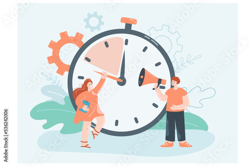 People and stopwatch flat vector illustration. Managers stopping timer and holding clock hand to meet deadline. Business, express services, time management concept