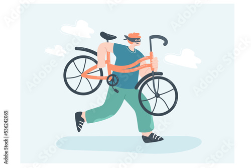 Criminal stealing bicycle flat vector illustration. .Thief carrying bike, breaking law. Crime, administrative offence, law concept