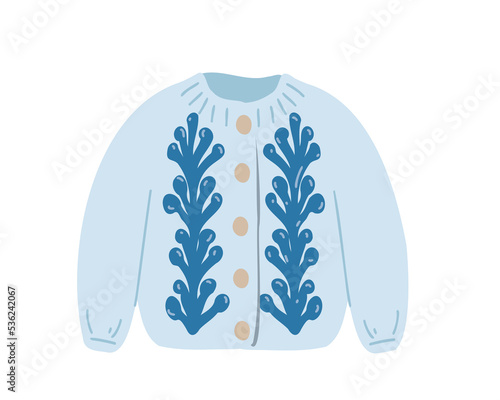 Elegant and fashionable blue wool jumper or cardigan with floral embroidery. Colorful flat illustration isolated on white background