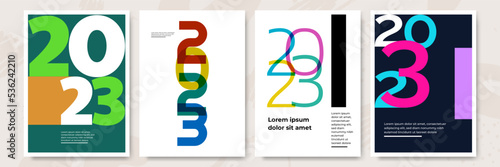 Creative concept of 2023 Happy New Year posters set. Design templates with typography logo 2023 for celebration and season decoration. Minimalistic trendy backgrounds for branding, banner, cover, card