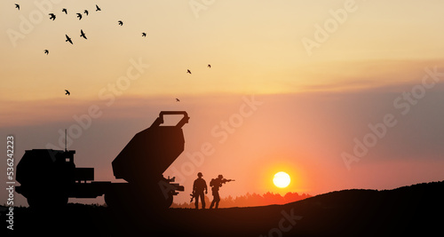 Artillery rocket system are aimed to the sky and soldiers at sunset. Multiple launch rocket system. 3d-rendering.