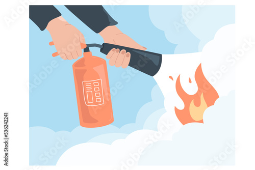 Fireman holding fire extinguisher in hands flat vector illustration. Firefighter helping extinguish flame. Fire safety and prevention concept
