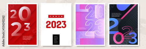 Creative concept of 2023 Happy New Year posters set. Design templates with typography logo 2023 for celebration and season decoration. Minimalistic trendy backgrounds for branding, banner, cover, card