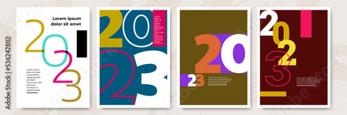 Creative concept of 2023 Happy New Year posters set. Design templates with typography logo 2023 for celebration and season decoration. Minimalistic trendy backgrounds for branding, banner, cover, card