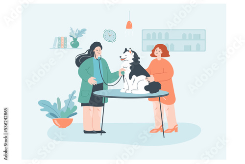 Vet with stethoscope, dog and female owner at veterinary clinic. Cartoon veterinarian examining cute puppy at animal medical center flat vector illustration. Pets, care, medicine, health concept