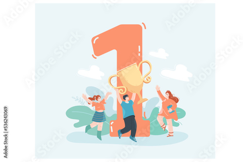 Cartoon champion holding gold cup with number one in background. Award ceremony for winner, business employees, first place flat vector illustration. Competition, challenge, victory, success concept © PCH.Vector