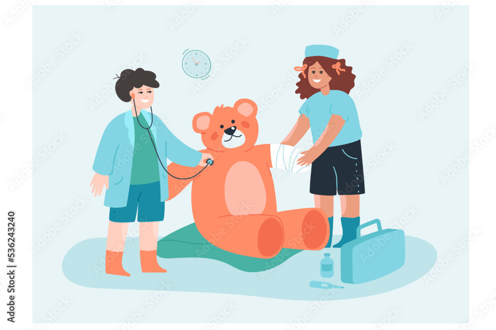 Cute children dressed as doctors examining big toy bear. Kids playing fun game together flat vector illustration. Childhood, medicine, health concept for banner, website design or landing web page Cute children dressed as doctors examining big toy bear. Kids playing fun game together flat vector illustration. Childhood, medicine, health concept for banner, website design or landing web page