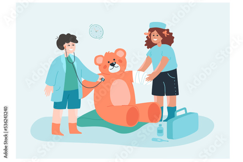 Cute children dressed as doctors examining big toy bear. Kids playing fun game together flat vector illustration. Childhood, medicine, health concept for banner, website design or landing web page