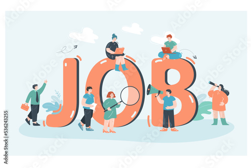 Word job with business people searching for career opportunities. Persons with skills, job vacancy flat vector illustration. Freelance, employment, human resources concept for banner, landing web page