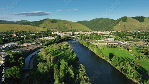 Aerial View Of The Clark Fork River In Downtown Missoula, Montana - drone shot photo
