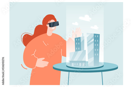 Architect in VR headset with 3d model of building on table. Female engineer modeling virtual construction in office flat vector illustration. Engineering, architecture concept for banner, landing page
