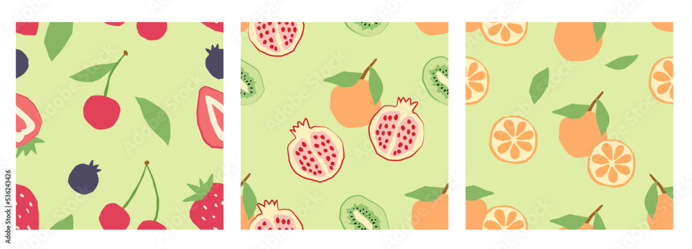 Set of green abstract seamless pattern with different fruits and berries in flat style. Vector wallpaper perfect for textiles or surface design Set of green abstract seamless pattern with different fruits and berries in flat style. Vector wallpaper perfect for textiles or surface design