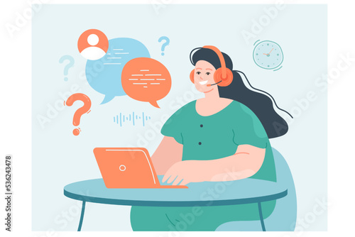 Call operator cartoon character in headphones at table. Woman at laptop getting calls from people flat vector illustration. Customer support or service, communication concept for banner, landing page