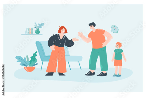 Angry husband and wife arguing in front of crying son at home. Quarrel between mother and father, upset child flat vector illustration. Family, relationship, divorce concept for banner, website design