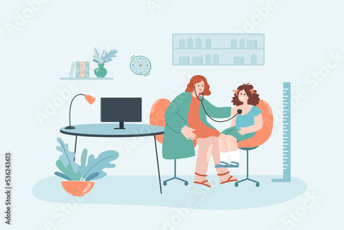 Examination of child by pediatrician in hospital. Medical care and treatment for sick baby by doctor physician with stethoscope flat vector illustration. Pediatrics, medicine, healthcare concept