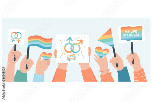 Hands holding hearts and rainbow LGBT flags on gay parade. Community of people meeting on demonstration in support of LGBT rights flat vector illustration. Pride month, choice of sexuality concept