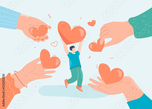 Tiny cartoon man with heart getting assistance in charity project. Hands of group of people making donations to foundation in solidarity flat vector illustration. Love, support concept for banner