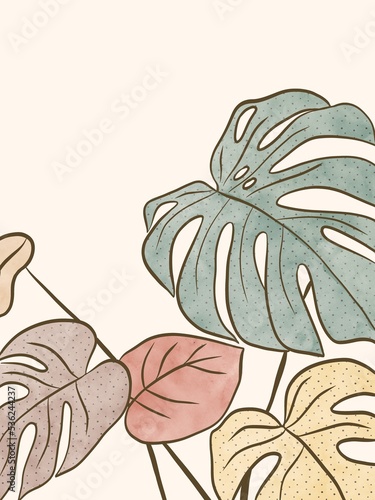 Interior poster. Poster with leaves. Lineart. minimalistic illustration. monstera