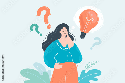Cartoon businesswoman thinking of solving problem. Female character with lightbulb and question marks flat vector illustration. Solution, idea concept for banner, website design or landing page